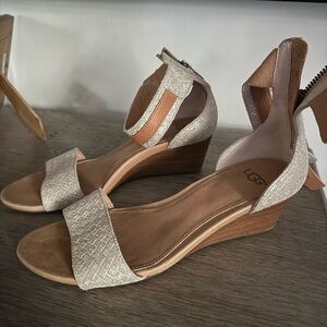 UGG Wedges – Size 7.5, Neutral Textured Strap Sandals with Ankle Zip